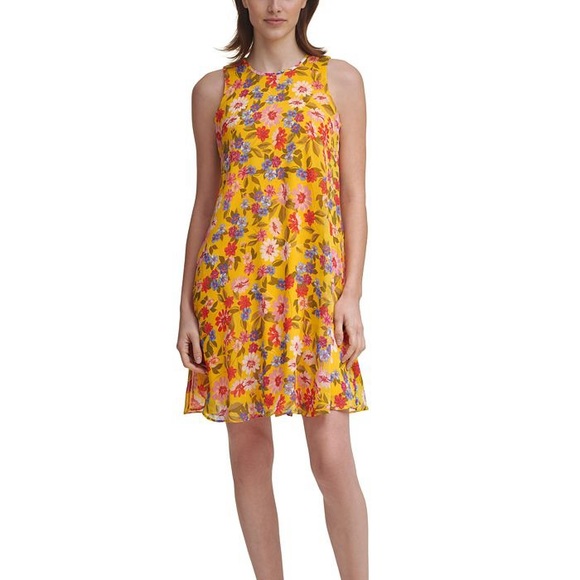 NWOT Calvin Klein Sleeveless Dress SZ 12 Yellow Floral Short Dress - Picture 1 of 3